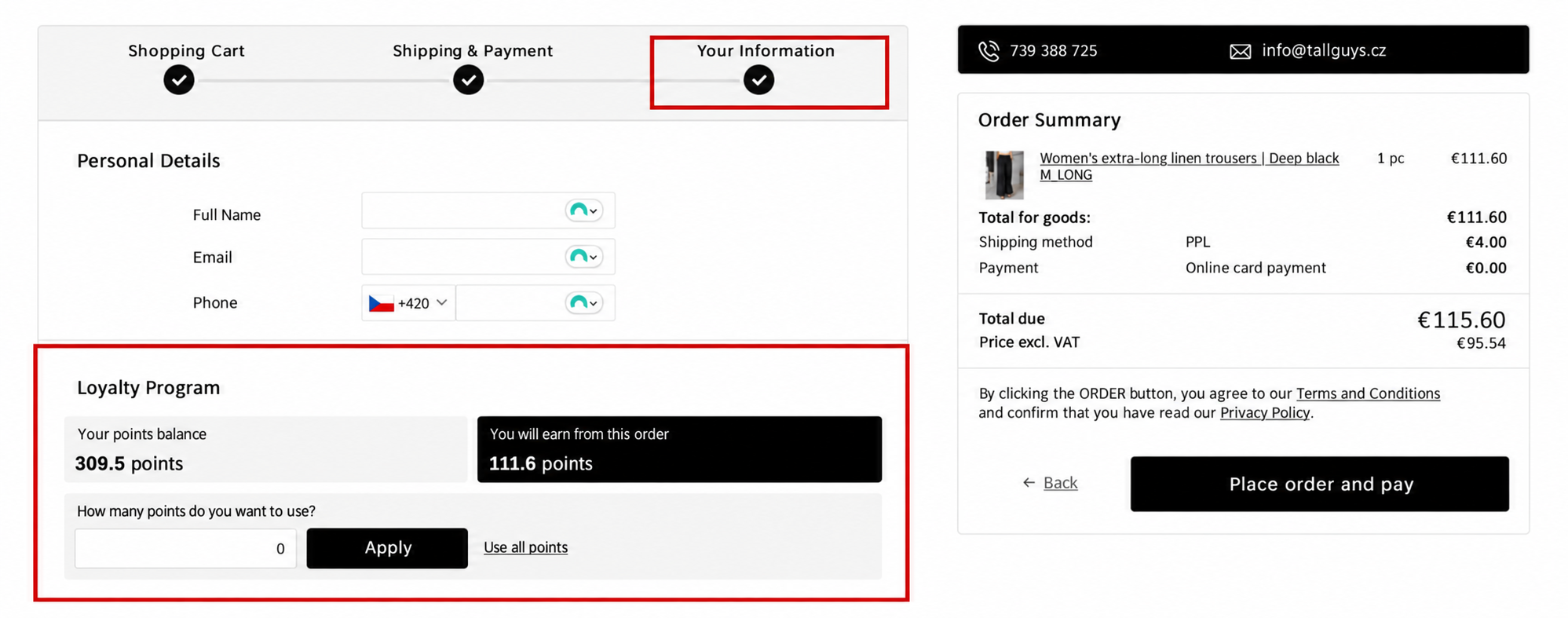 Checkout step three with the loyalty program section and the field for entering points to redeem