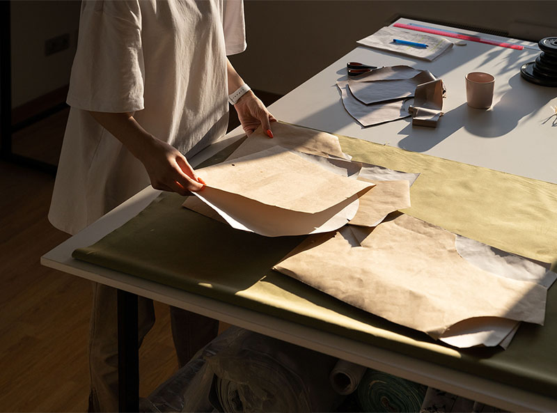 Paper sewing patterns spread out on a table in a sewing workshop