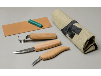 Prodloužená sada na vyřezávání lžic 3 nože + sada na broušení S13 BeaverCraft Extended Spoon Carving Set (3 knives in roll + accessories)
