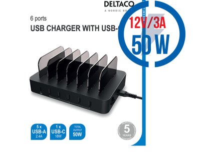 DELTACO DPS-0200, 5x USB A, Nabíjacia stanica, 50W
