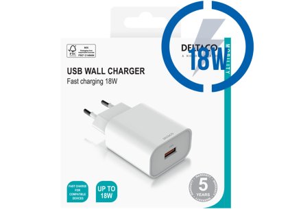 DELTACO USB-AC182, 1x USB A, Nabíjačka, biela