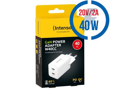 INTENSO W40CC GaN, 2x USB C, Nabíjačka, 40W, biela