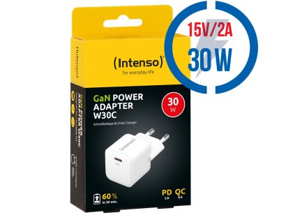 INTENSO W30C GaN, 1x USB C, Nabíjačka, 30W, biela