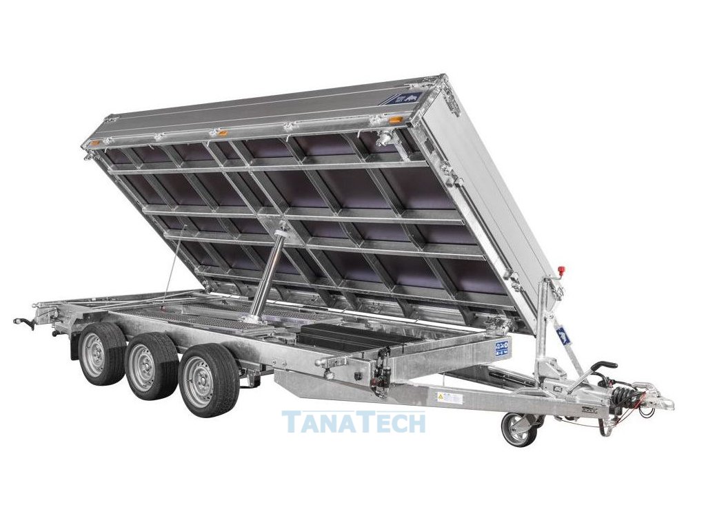 Príves Saris 3-str. sklápač406x204cm 3500kg 3 nápravy listové perá, nájazdy