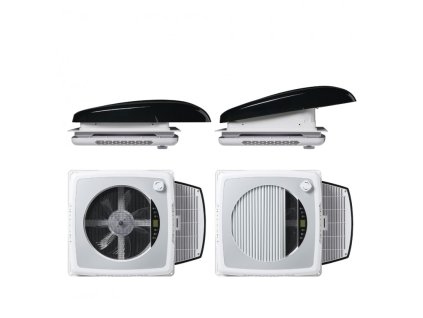 PLUS FAN – Automatischer Dachventilator 400x400 mm für Wohnmobile und Caravans mit LED-Beleuchtung und Verdunkelungsrollo, Schwarz / Rauch