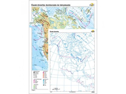 Észak-Amerika domborzata és bányászata falitérkép, hátoldala vaktérkép