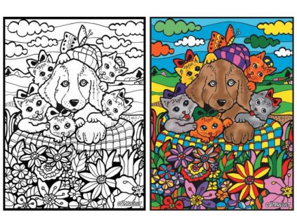 Színező (Kutya cicákkal), bársony felületű, 12 db filctollal, 35x47 cm