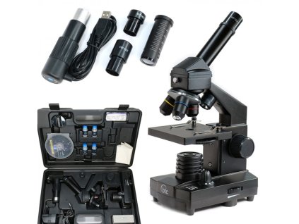 Mikroszkóp monokuláris LED megvilágítással, kamerával, mikrotommal, preparátumokkal