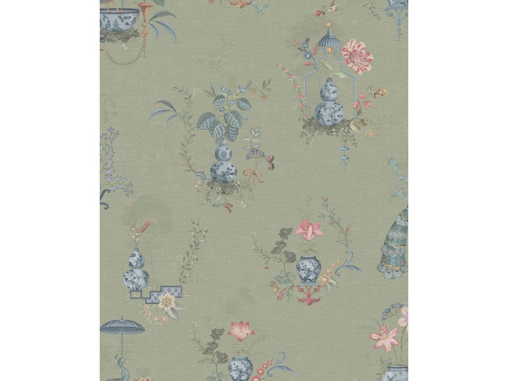 Zelená vliesová tapeta s květinami a pávy, 333142 Pip Studio 6, Eijffinger, velikost 0,7 x 10 m