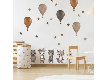 Dětské samolepky na zeď - Lesní zvířátka s balóny v hnědých barvách, velikost 90 x 80 cm, 9086f