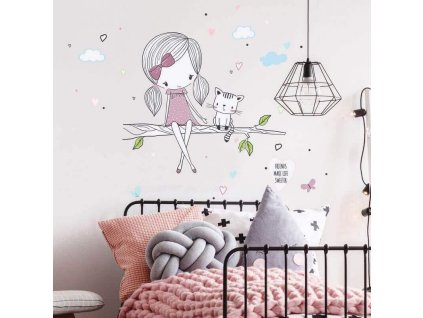 Samolepky do dětského pokoje - INSPIO víla na větvi s kočičkou ve fialovém provedení, velikost 90 x 90 cm, 9147f