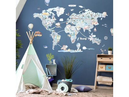 Dětské samolepky na zeď - Cestovatelská mapa světa pro kluky, velikost 90 x 130/130 cm, 9190f