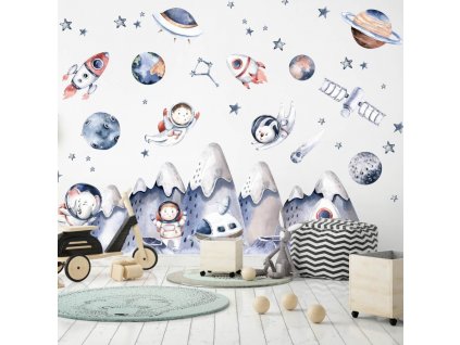 Dětské samolepky na zeď - Astronauti a vesmír pro kluky, velikost 90 x 100 cm, 9373f