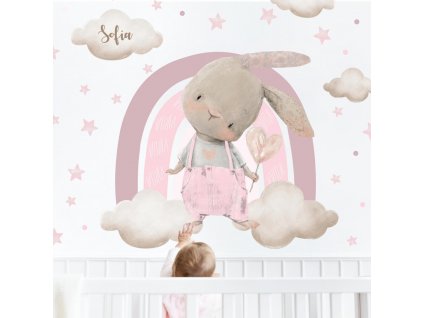 Přelepitelná samolepka nad postýlku pro holčičku - Zajíček s růžovou duhou, velikost 90 x 110 cm, 9509f