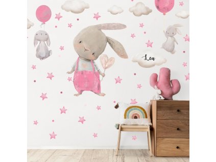 Samolepka na zeď - Zajíčci s hvězdičkami pro holčičku, velikost 90 x 110 cm, 9518f