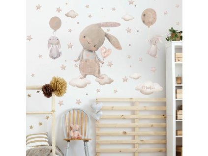 Samolepky pro děti - Zajíci s hvězdičkami, balony a jménem, velikost 90 x 110 cm, 9521f
