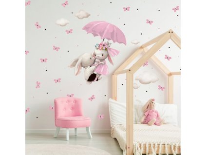 Samolepka na zeď - Zajíci letící na růžovém deštníku, velikost 90 x 110 cm, 9522f