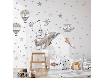 Samolepka pro kluky do chlapeckého pokoje - Medvídek s letadlem, velikost 90 x 110 cm, 9523f