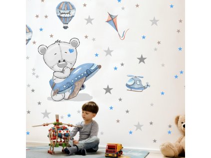 Chlapecká samolepka na zeď - Medvídek s modrým letadlem, velikost 90 x 110 cm, 9524f