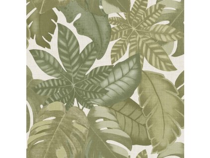 Béžovo-zelená vliesová tapeta na zeď, tropické zelené listy, 26415, Thai, Cristiana Masi by Parato, velikost 10,05 x 0,53 m