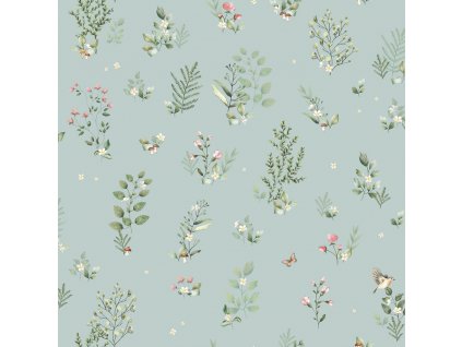 Tyrkysová vliesová tapeta s rostlinami a ptáčky, 973-2, Mika,  ICH Wallcoverings, velikost 10,05 x 0,53 m