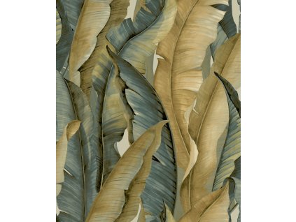 Vliesová tapeta na zeď, okrovo-modrá, listy, NHW1041, Perla, Decoprint, velikost 10,05 x 0,53 m