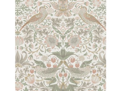 Vliesová tapeta na zeď, zeleno-růžová, květiny, ptáci, 124233, William Morris At Home, velikost 10 x 0,52 m