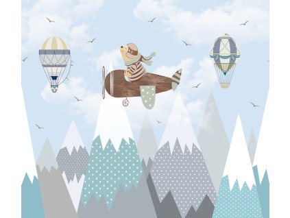 Dětská vliesová obrazová tapeta na zeď, letadlo, hory, CW6001-1, Cute Walls, Decoprint, velikost 3,18 x 2,8 m