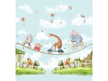 Dětská vliesová obrazová tapeta na zeď, modrá, zvířátka, CW6039-1, Cute Walls, Decoprint, velikost 2,65 x 2,8 m