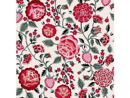 Vliesová tapeta na zeď, červená, zelená, květiny, jahody, 125497, Cath Kidstone, velikost 10 x 0,52 m