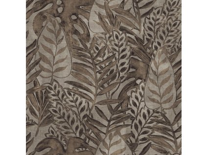 Vliesová šedohnědá tapeta, listy, textilní struktura TA25062 Tahiti, Decoprint, velikost 0,53 x 10,05 m