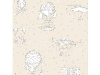 Béžová vliesová dětská tapeta - balony a vzducholodě JR3003, Jack´N Rose 2024, Grandeco, velikost 0,53 x 10,05 m