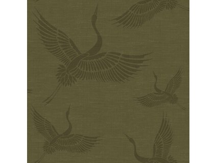 Vliesová zelená/khaki tapeta - ptáci, jeřábi - látková textura 347758, Natural Fabrics, Origin, velikost 0,53 x 10,05 m