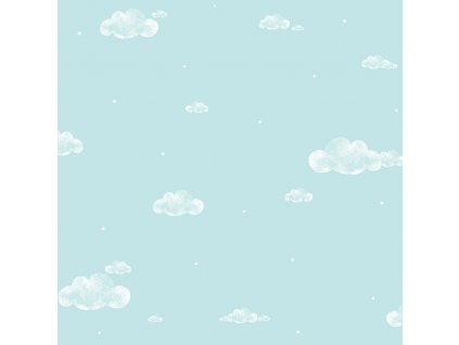 Tyrkysová papírová tapeta na zeď, mráčky, obloha, hvězdičky 458-2, Pippo, ICH Wallcoverings, velikost 0,53 x 10,05 m