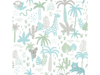 Papírová dětská tapeta se zvířátky, palmami a listy 454-1, Pippo, ICH Wallcoverings, velikost 0,53 x 10,05 m