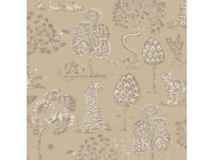 Hnědobéžová vliesová tapeta se stromy, tygry a leopardy 317311, Oasis, Eijffinger, velikost 0,52 x 10 m