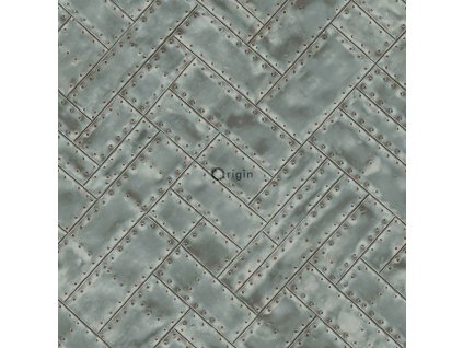 Vliesová tapeta, imitace zelených kovových desek s nýty 337242, Matières - Metal, Origin, velikost 0,53 x 10,05 m