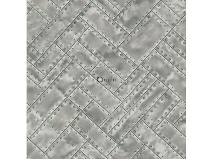 Vliesová tapeta, imitace šedostříbrných kovových desek s nýty 337243, Matières - Metal, Origin, velikost 0,53 x 10,05 m