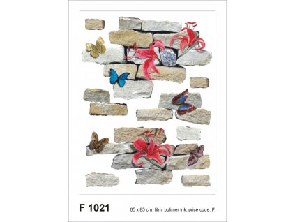 Samolepka / samolepící dekorace na zeď F 1021, Květiny a motýli na cihlové zdi, AG Design, velikost 65 x 85 cm