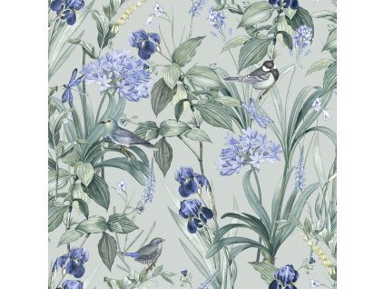 Modrá vliesová tapeta s květinami a ptáčky, M64714, Botanique, Ugepa, velikost 0,53 x 10,05 m