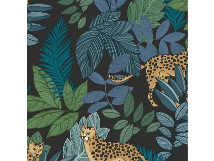 Černá vliesová tapeta s leopardy a listy, 118610, Envy, velikost 10 x 0,52 m