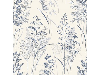 Bílo-modrá vliesová tapeta na zeď, trávy, listy,118265, Next, velikost 10 x 0,52 m