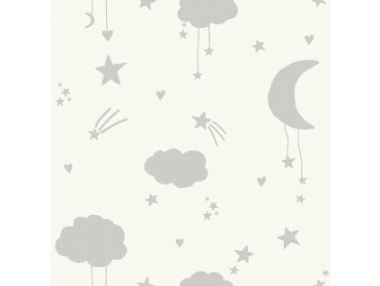 Dětská bílo-šedá vliesová tapeta s mráčky a hvězdičkami, 118332, Next, velikost 10 x 0,52 m