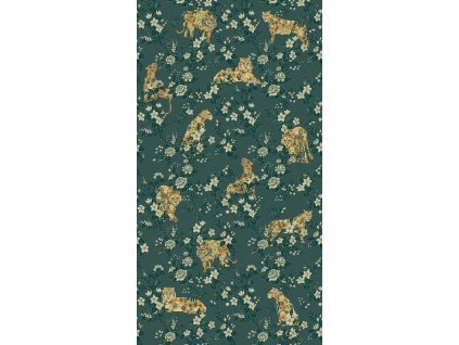 Zelená vliesová obrazová tapeta na zeď, šelmy, květiny, 333553, Festival, Eijffinger, velikost 2,8 x 1,5 m