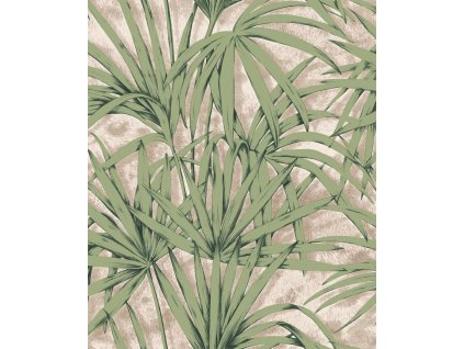 Luxusní béžová vliesová tapeta se zelenými listy, Z77543, Savana, Zambaiti Parati, velikost 10,05 x 0,53 m
