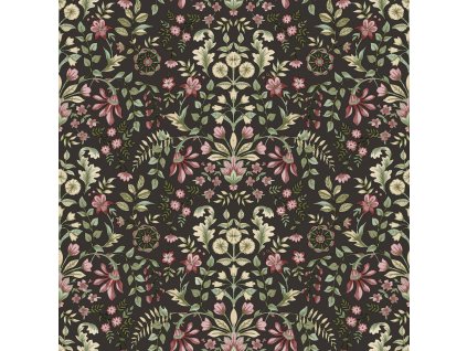 Černá vliesová tapeta na zeď s květinovým ornamentálním vzorem, 12329, Fiori Country, Parato, velikost 10,05 x 0,53 m