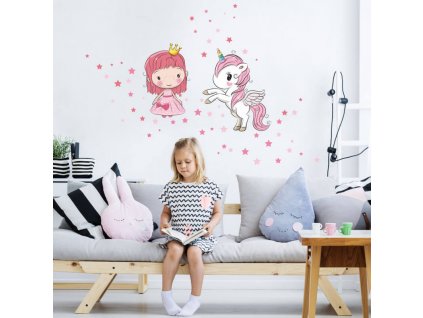 Samolepky na zeď pro holčičky - Princezna a jednorožec, velikost 90 x 80 cm, 3646f
