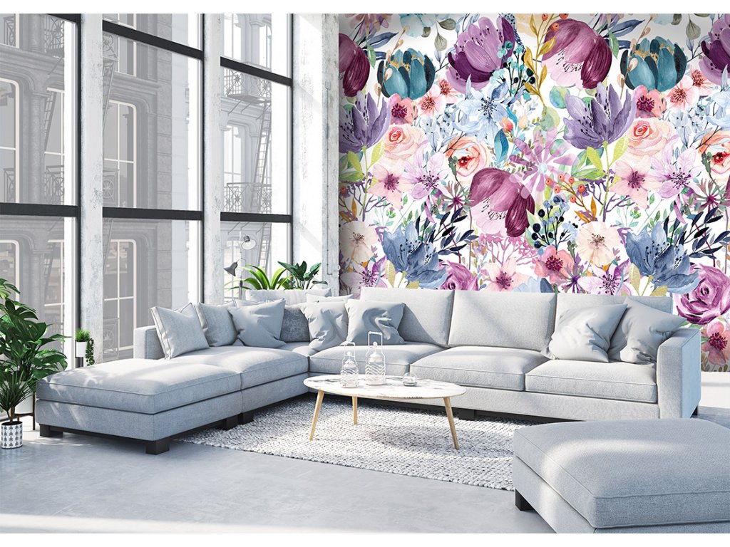 Behang 4 dílná luxusní fototapeta, Watercolor Floral