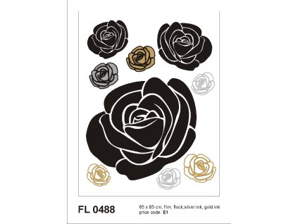 FL0488 Samolepicí velourová dekorace ROSES WITH GOLD AND SILVER 65 x 85 cm