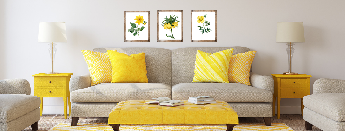 Žlutý obývák se žlutými obrázky